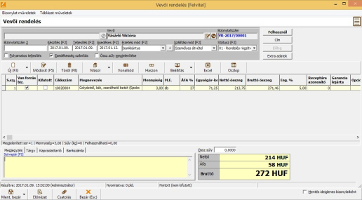 Vevői rendelés felviteli ablak