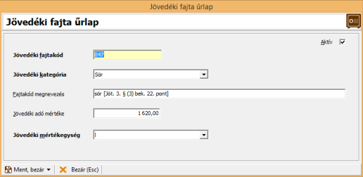 Jövedéki fajtakód felvitele