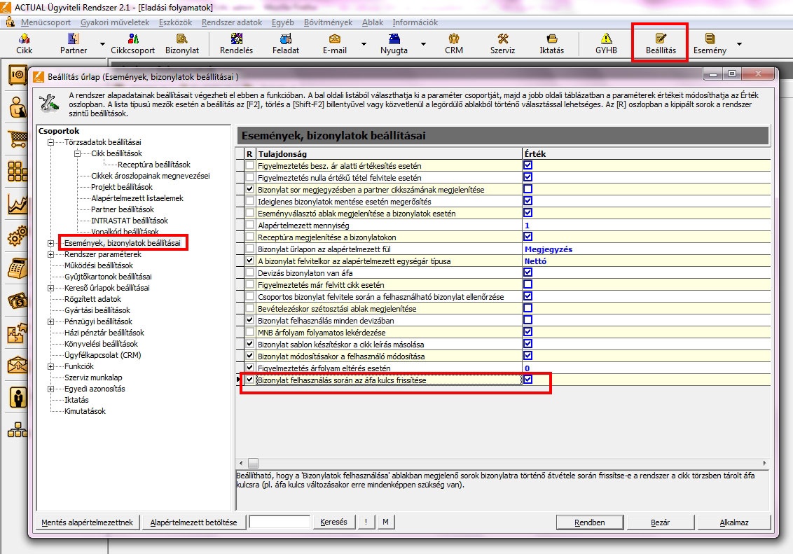 Áfa kulcs változtatás - 3 - Beállítás űrlap (Események, bizonylatok beállításai)